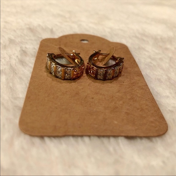 Gold Tone & Rhinestone Small Hoop Latch Back Earrings - Picture 4 of 9